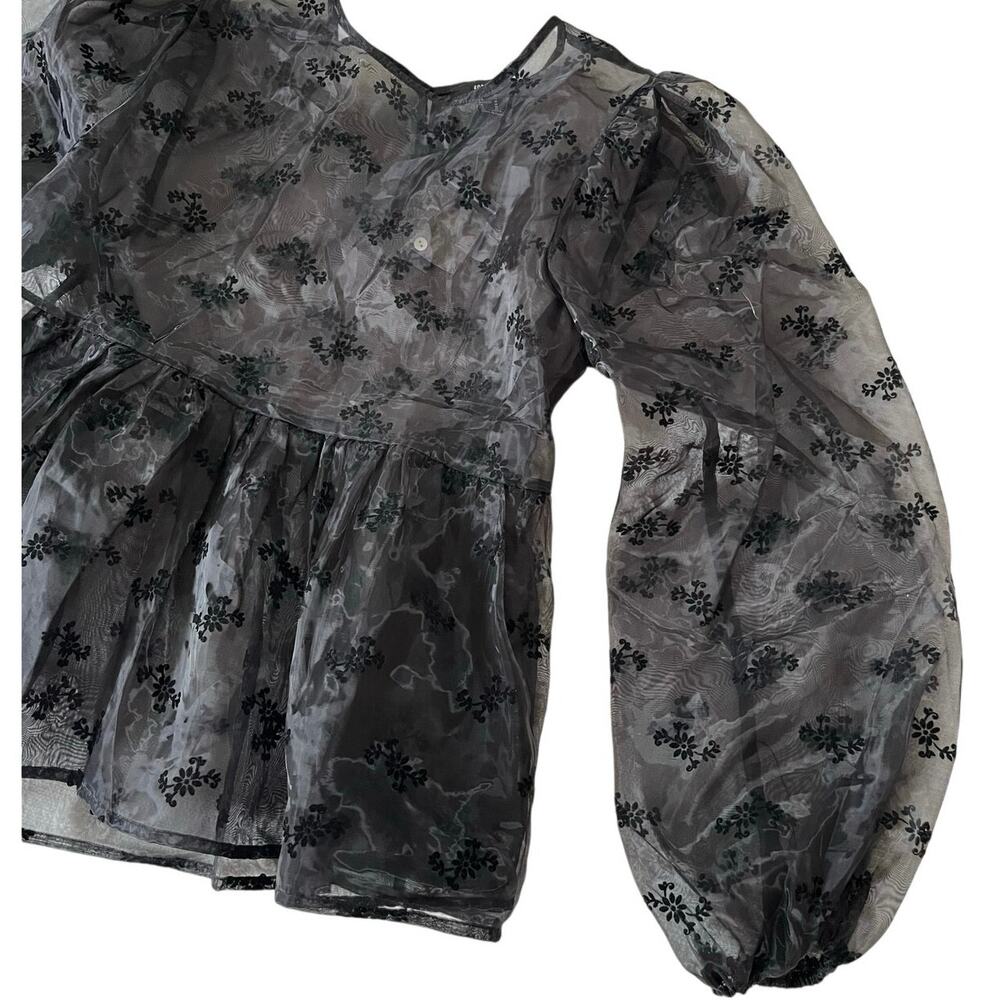 Whimsygoth Babydoll Puff Sleeve Shirt Sheer Floral Dark Coquette Romance Fairy